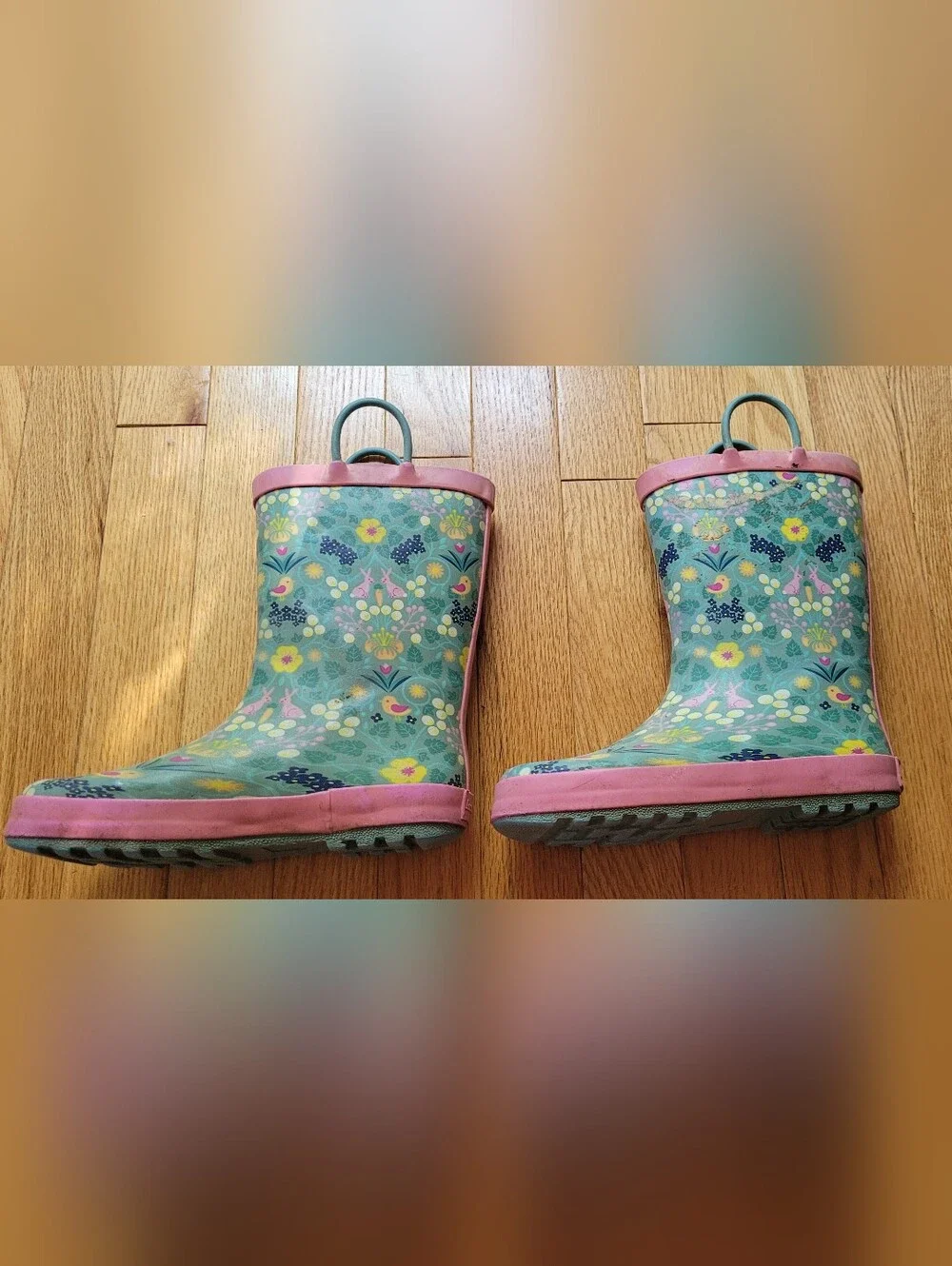 Girls' Floral Teal & Pink Landchief Rain Boots SIZE 1